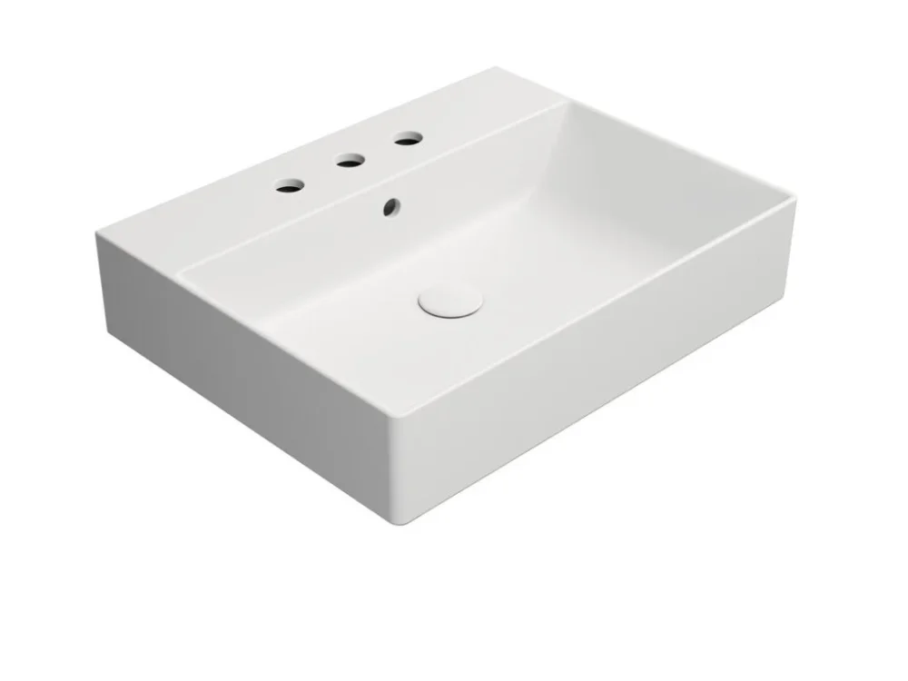Značkový GSI KUBE X keramické umyvadlo 60x47cm, broušená spodní hrana, 3 otvory, bílá mat 94319309